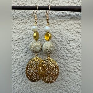 Chic Gold and White Heart Dangle Earrings